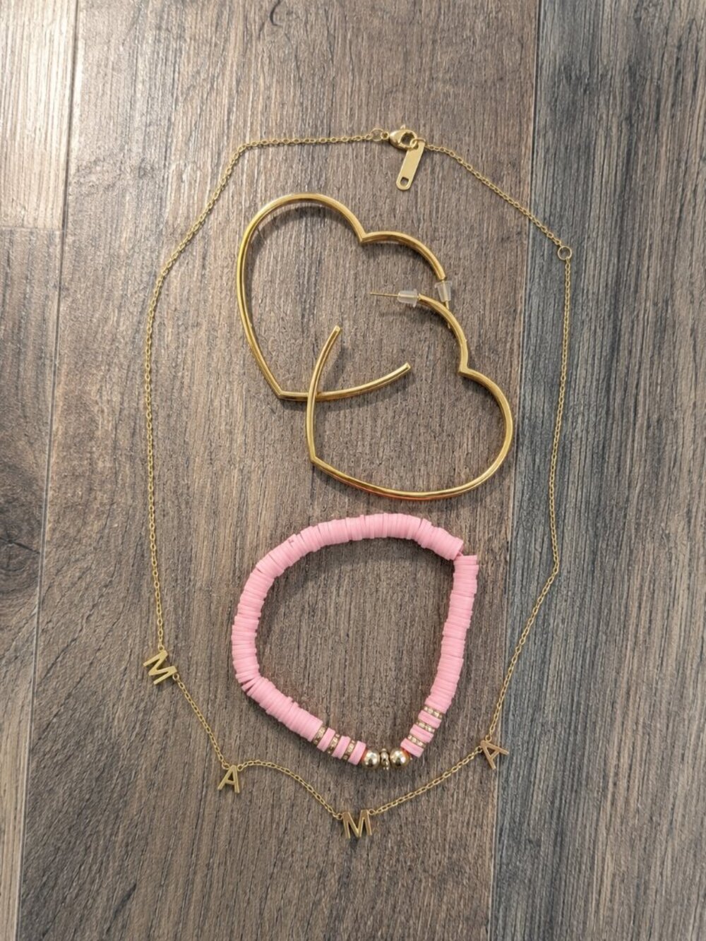 Heart Earrings + Mama Necklace + Clay Bead Bracelet